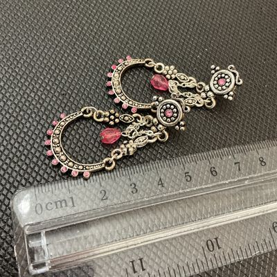 Pair of Silver-Tone Pink Rhinestone Chandelier Dangle Earrings
