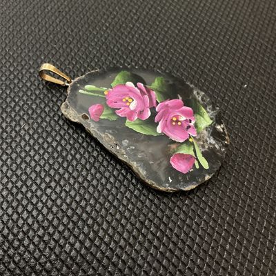 Vintage Hand-Painted Floral Agate Slice Pendant