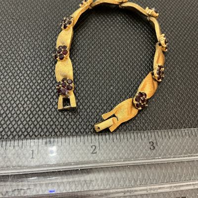 Vintage Trifari Gold Tone Brushed Metal & Red Rhinestone Floral Link Bracelet