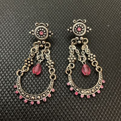 Pair of Silver-Tone Pink Rhinestone Chandelier Dangle Earrings