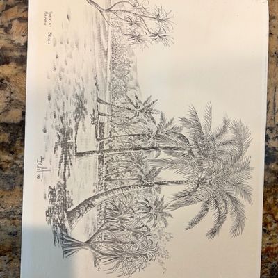 Sale Photo Thumbnail #66: Original pencil sketch of Waikiki Beach, Hawaii, signed by the artist and dated 1979, depicting a tropical shoreline with palm trees.
