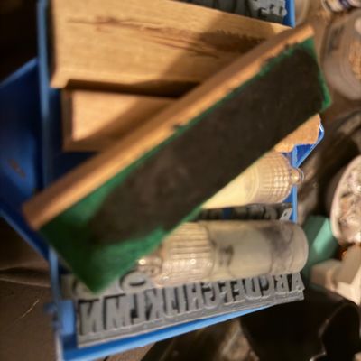 Sale Photo Thumbnail #97: Vintage rubber stamp set with wooden blocks and alphabet letters in a blue plastic storage case.