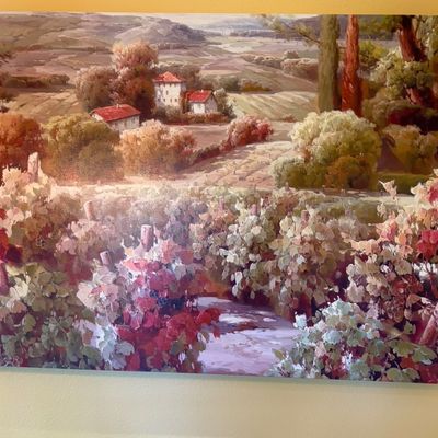 Sale Photo Thumbnail #30: Large unframed canvas print depicting a scenic Tuscan vineyard and countryside landscape with rustic villas.