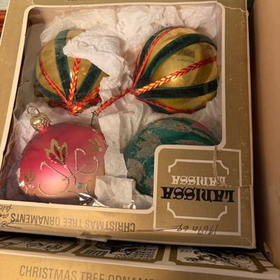 Sale Photo Thumbnail #92: Vintage Lanissa Christmas tree ornaments in their original box, handcrafted in West Germany, featuring velvet-trimmed and glitter-decorated glass baubles.