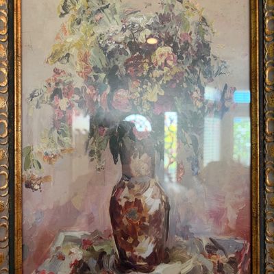 Sale Photo Thumbnail #69: Impressionistic floral still life print depicting a bouquet in a patterned vase, housed in an ornate gold-gilded frame.