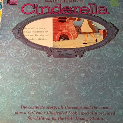 Sale Photo Thumbnail #99: Vintage Walt Disney's Cinderella vinyl record album with an illustrated storybook, released by Disneyland Records.