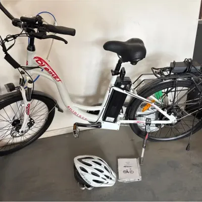 DJ City Electric Bike - E-Bike, Step Through, White, Helmet, Manual
