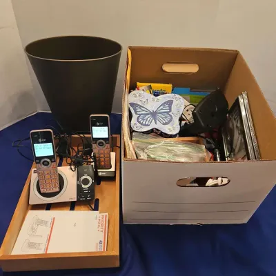 Mystery Lot Of Office Supplies - Includes Landline Phones, Wood Tray, Waste Basket, Digital Clock,