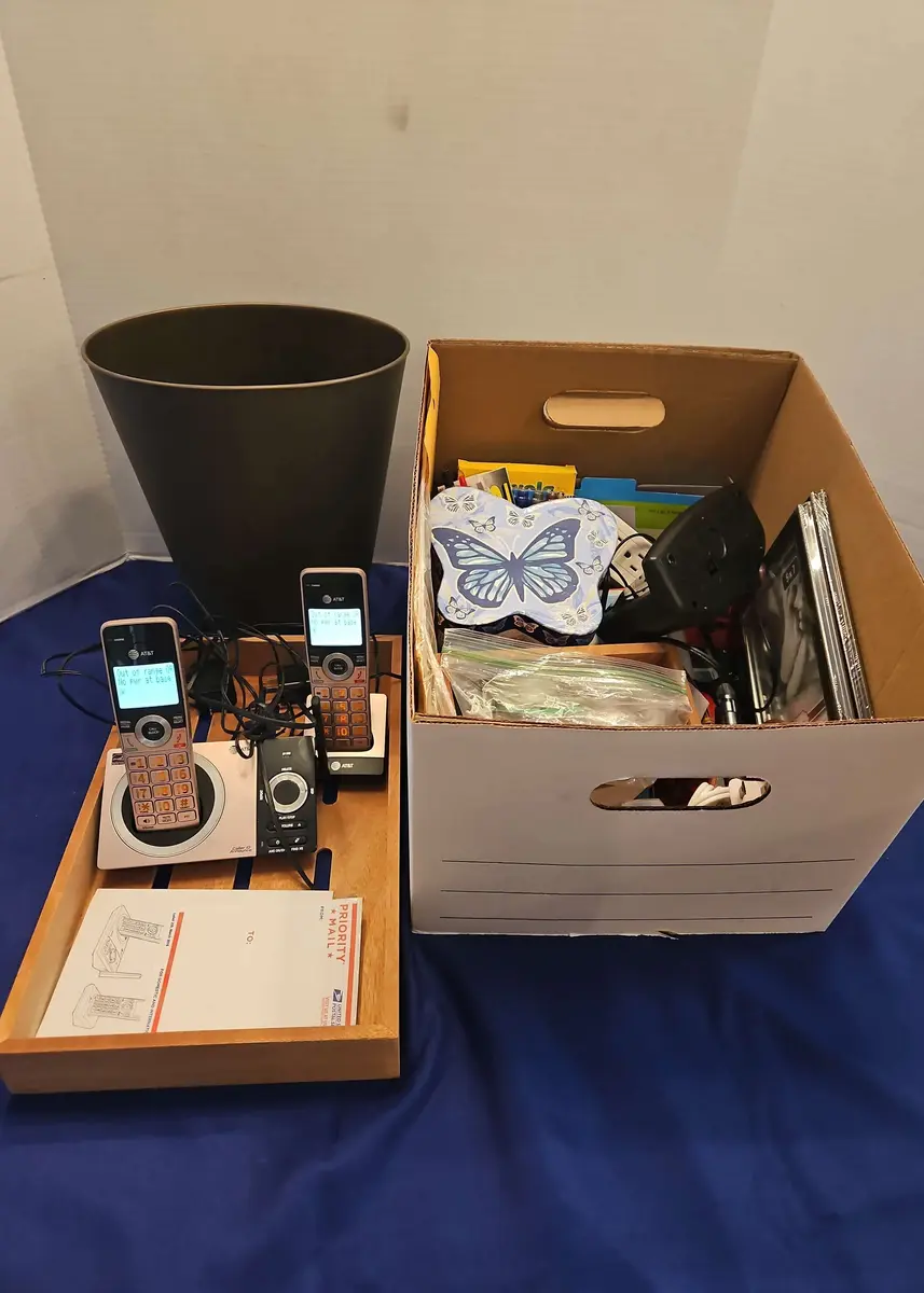 Mystery Lot Of Office Supplies - Includes Landline Phones, Wood Tray, Waste Basket, Digital Clock,