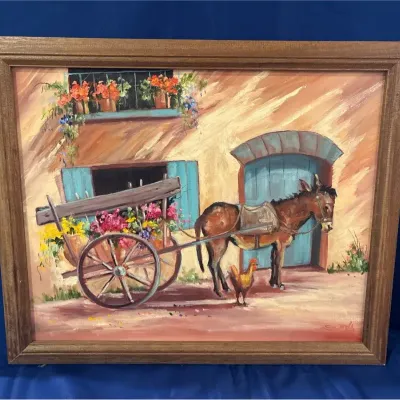 Framed Rustic Donkey with Flower Cart Painting - Village Scene, Signed Sandi, 22.5”x19”