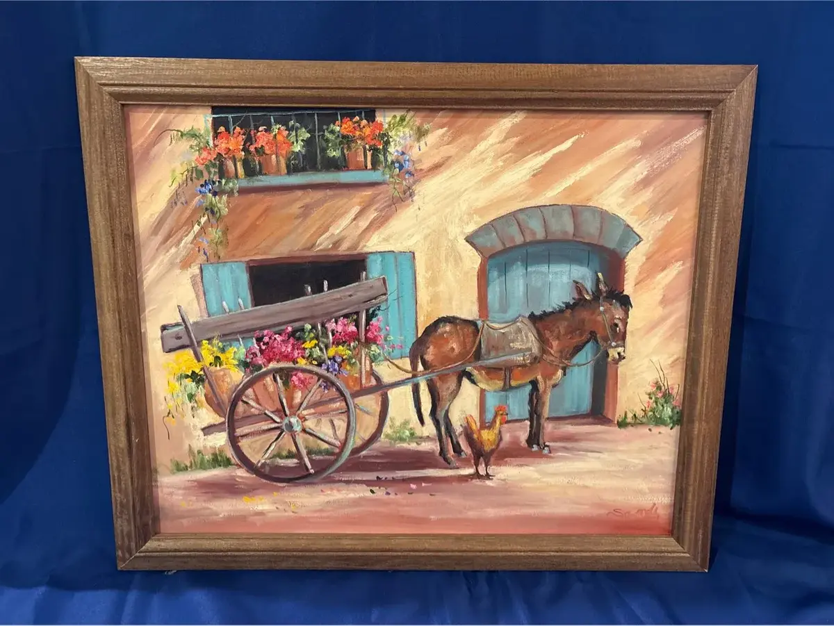 Framed Rustic Donkey with Flower Cart Painting - Village Scene, Signed Sandi, 22.5”x19”