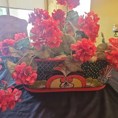 Talavera Style Decorative Hand Painted Oval Planter With Pretty Faux Flowers