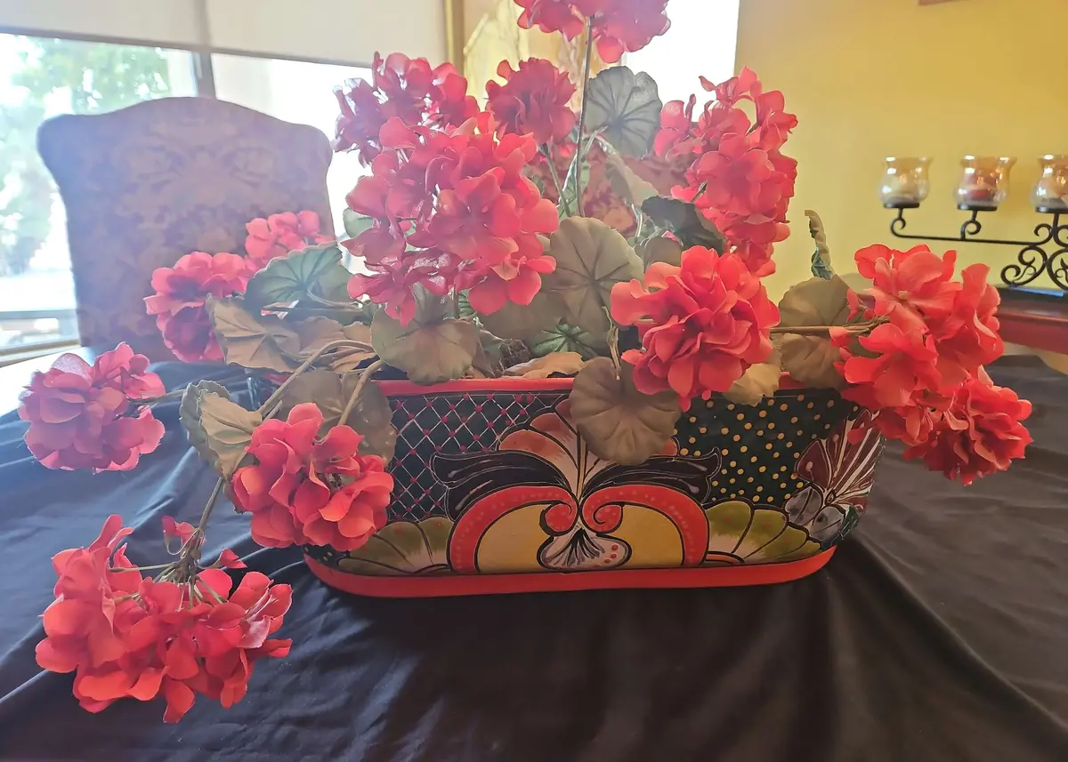 Talavera Style Decorative Hand Painted Oval Planter With Pretty Faux Flowers
