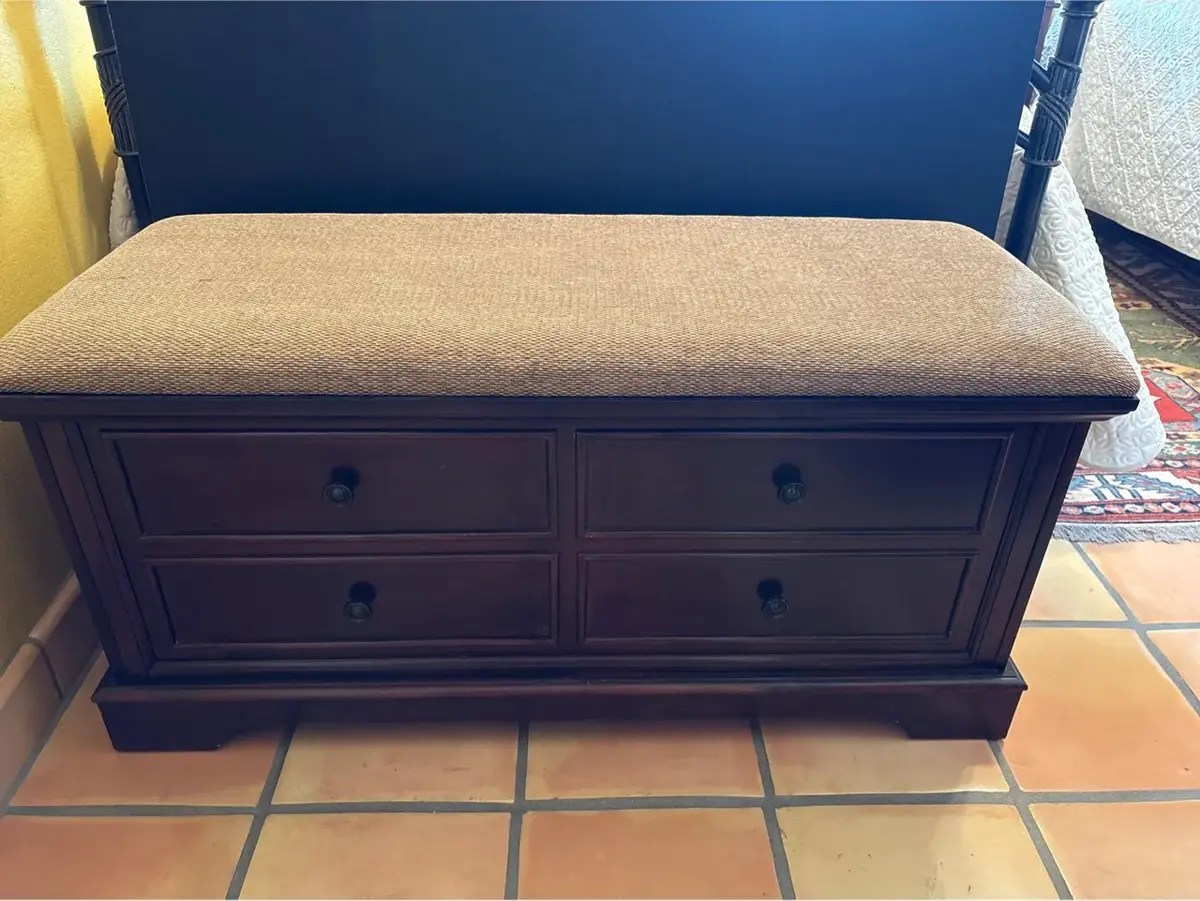 Vintage Cedar Lined Storage Bench / Hope Chest #1 - Faux Drawer, Upholstered Padded Seat, Bedroom