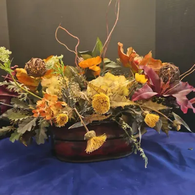 Fall Floral Centerpiece In Reddish Brown Metal Bowl With Handles