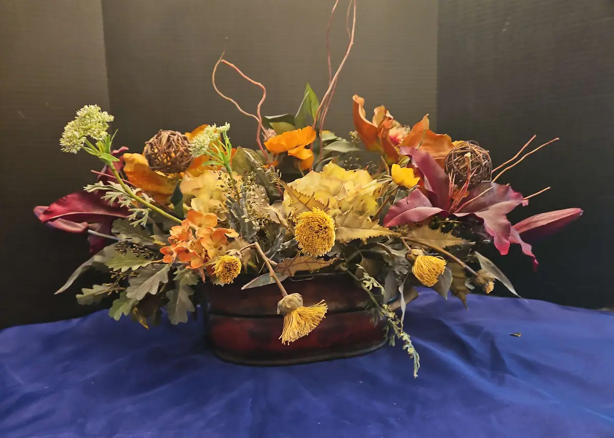 Fall Floral Centerpiece In Reddish Brown Metal Bowl With Handles