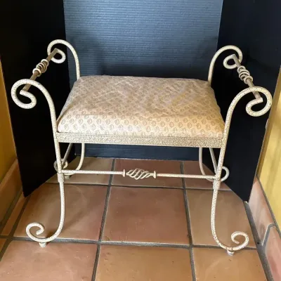 Crackle Finish Cream Wrought Iron Vanity Bench - Scrolled Arms, Stool, Upholstered Cushion