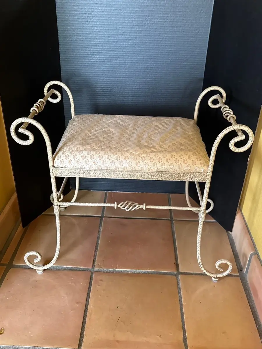 Crackle Finish Cream Wrought Iron Vanity Bench - Scrolled Arms, Stool, Upholstered Cushion