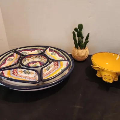 Mexican Talevera 7 Pc Server & Southwest Decor - Faux Prickly Pear, Yellow Pig Bowl,