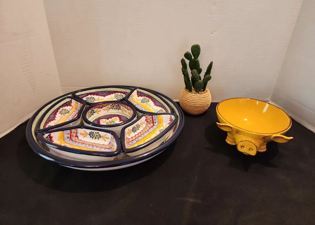Mexican Talevera 7 Pc Server & Southwest Decor - Faux Prickly Pear, Yellow Pig Bowl,
