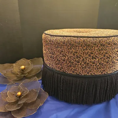 Round Leopard Print Pouf Ottoman With Black Fringe Trim And 2 Floral Wall Decor