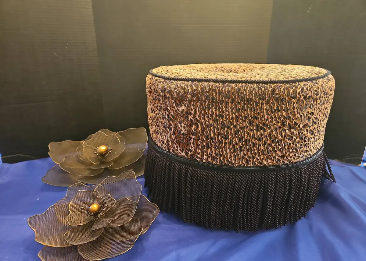 Round Leopard Print Pouf Ottoman With Black Fringe Trim And 2 Floral Wall Decor