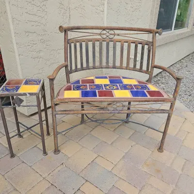 Outdoor Patio Wrought Iron Talavera Tile Curved Bench With Matching Side Table