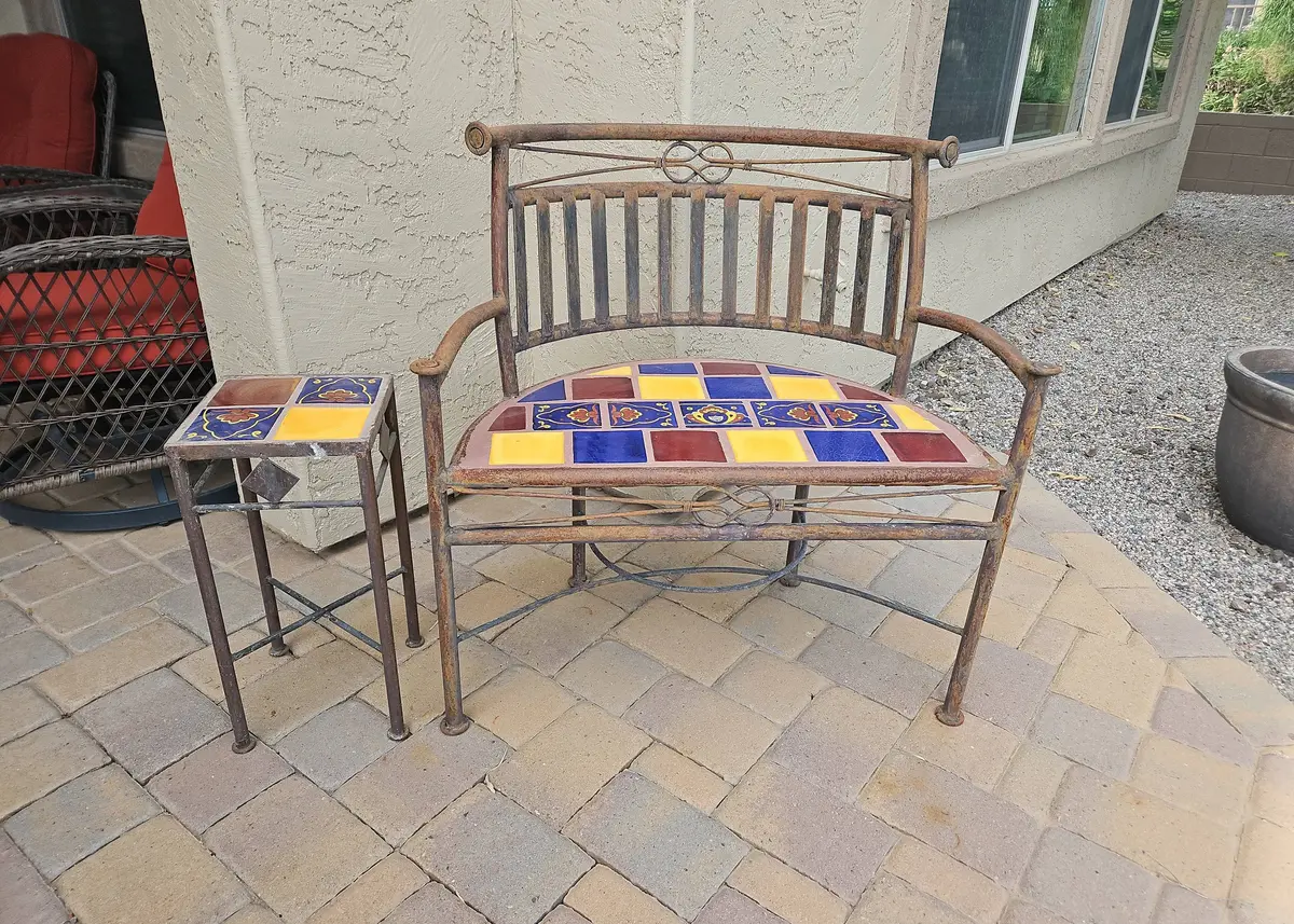 Outdoor Patio Wrought Iron Talavera Tile Curved Bench With Matching Side Table