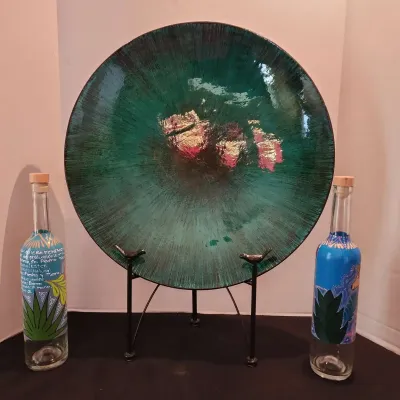 Large Green & Black Decorative Platter W/ Stand & 2 Hand painted Mezcal Bottles 