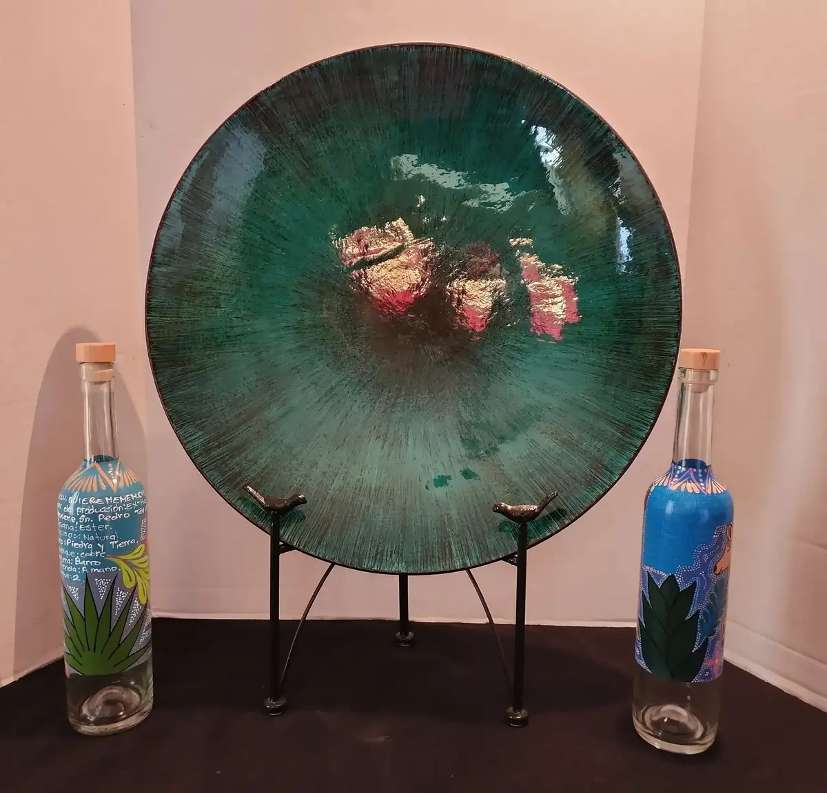 Large Green & Black Decorative Platter W/ Stand & 2 Hand painted Mezcal Bottles 