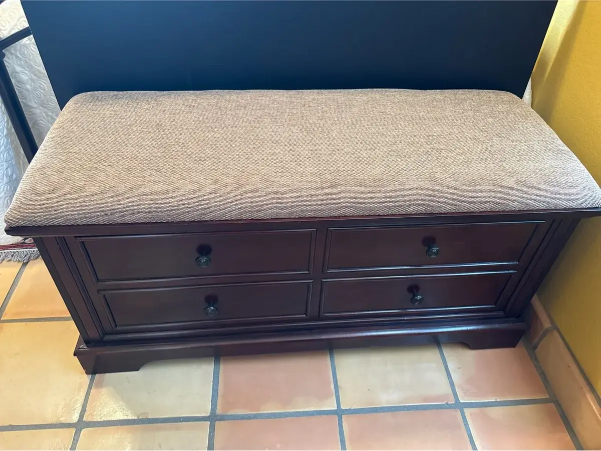 Vintage Cedar Lined Storage Bench / Hope Chest #2 - Faux Drawer, Upholstered Padded Seat