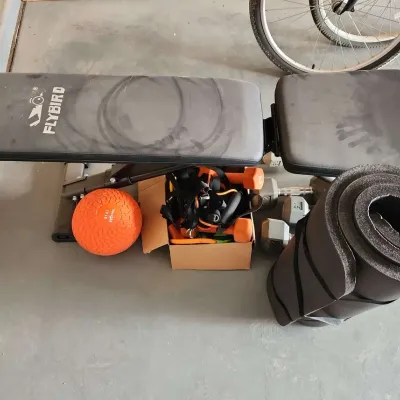 Exercise Equipment - Fly Bird Bench, Dumbbells, Black Mat, Bands, 12 Lb Orange Ball