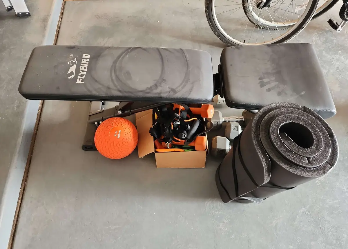 Exercise Equipment - Fly Bird Bench, Dumbbells, Black Mat, Bands, 12 Lb Orange Ball