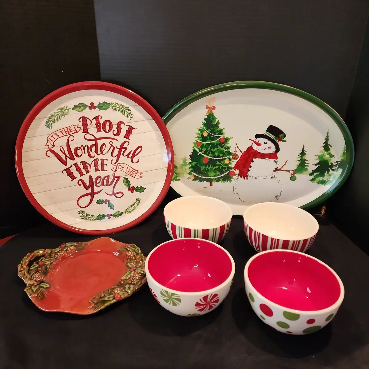 Christmas Cheer - 2 Large Plastic Platters  4 Holiday Ceramic Bowls, Red Ceramic Plate