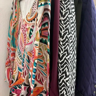 Women’s Chico Clothing - Size 1/2, Purple Quilted + Black White Jacket, Black Cardigan Skirt Set