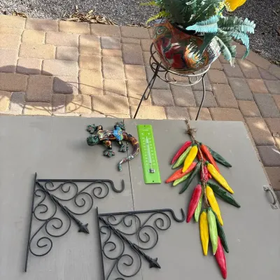 Southwestern Patio Decor - Colorful Mexican Pot, Lizard, Iron Plant Stand & Holders, Chili Peppers