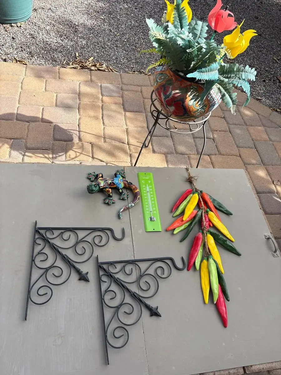 Southwestern Patio Decor - Colorful Mexican Pot, Lizard, Iron Plant Stand & Holders, Chili Peppers