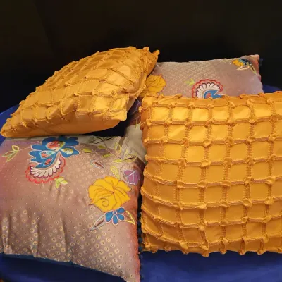 4 Throw Pillows - 2 Embroidered Pom Pom Teal Gold And 2 Gold Grid Texture