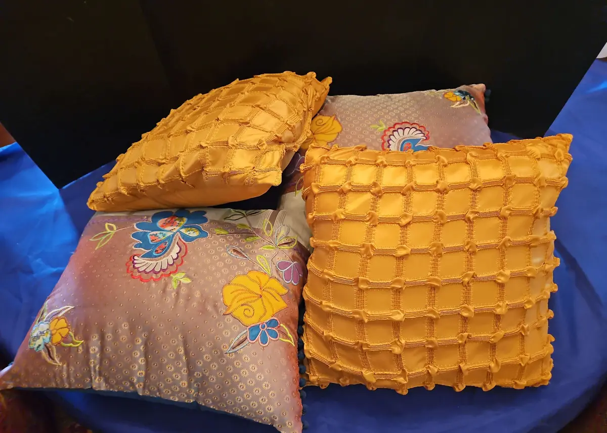 4 Throw Pillows - 2 Embroidered Pom Pom Teal Gold And 2 Gold Grid Texture