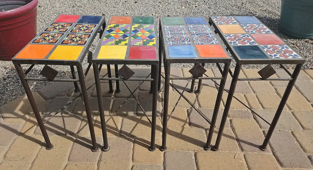 4 Outdoor Patio Iron Side Tables With Talavera Tile - Colorful Southwest 