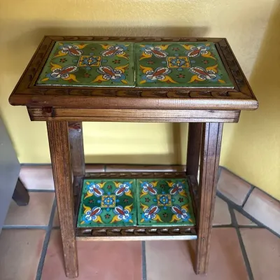 Mexican Talavera Tile Top End Table - 2-Tier Wood Side Table, Green