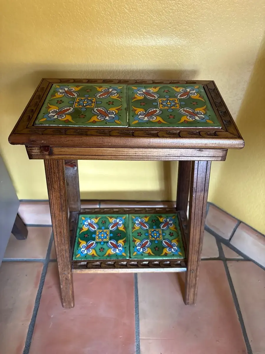 Mexican Talavera Tile Top End Table - 2-Tier Wood Side Table, Green