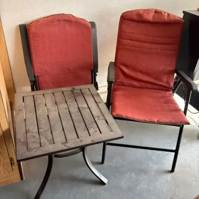 3-Piece Outdoor Patio Set - Table & 2 Foldable Chairs with Red Cushions