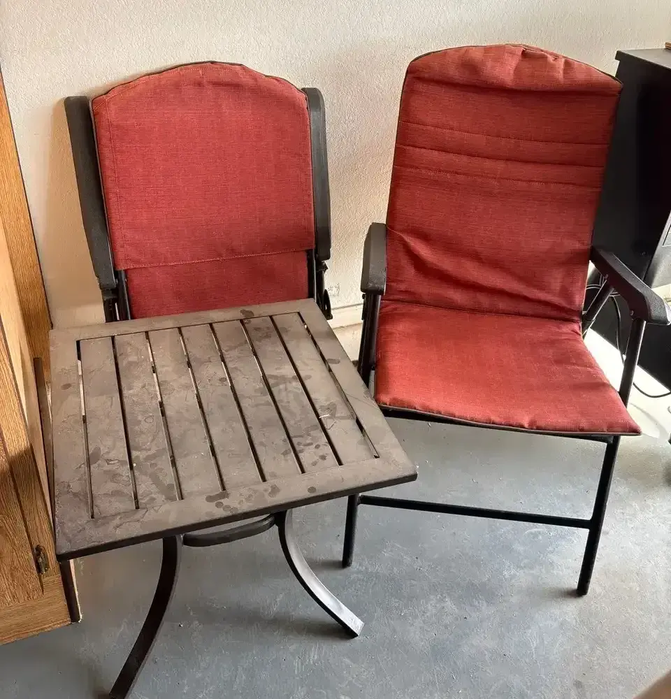 3-Piece Outdoor Patio Set - Table & 2 Foldable Chairs with Red Cushions