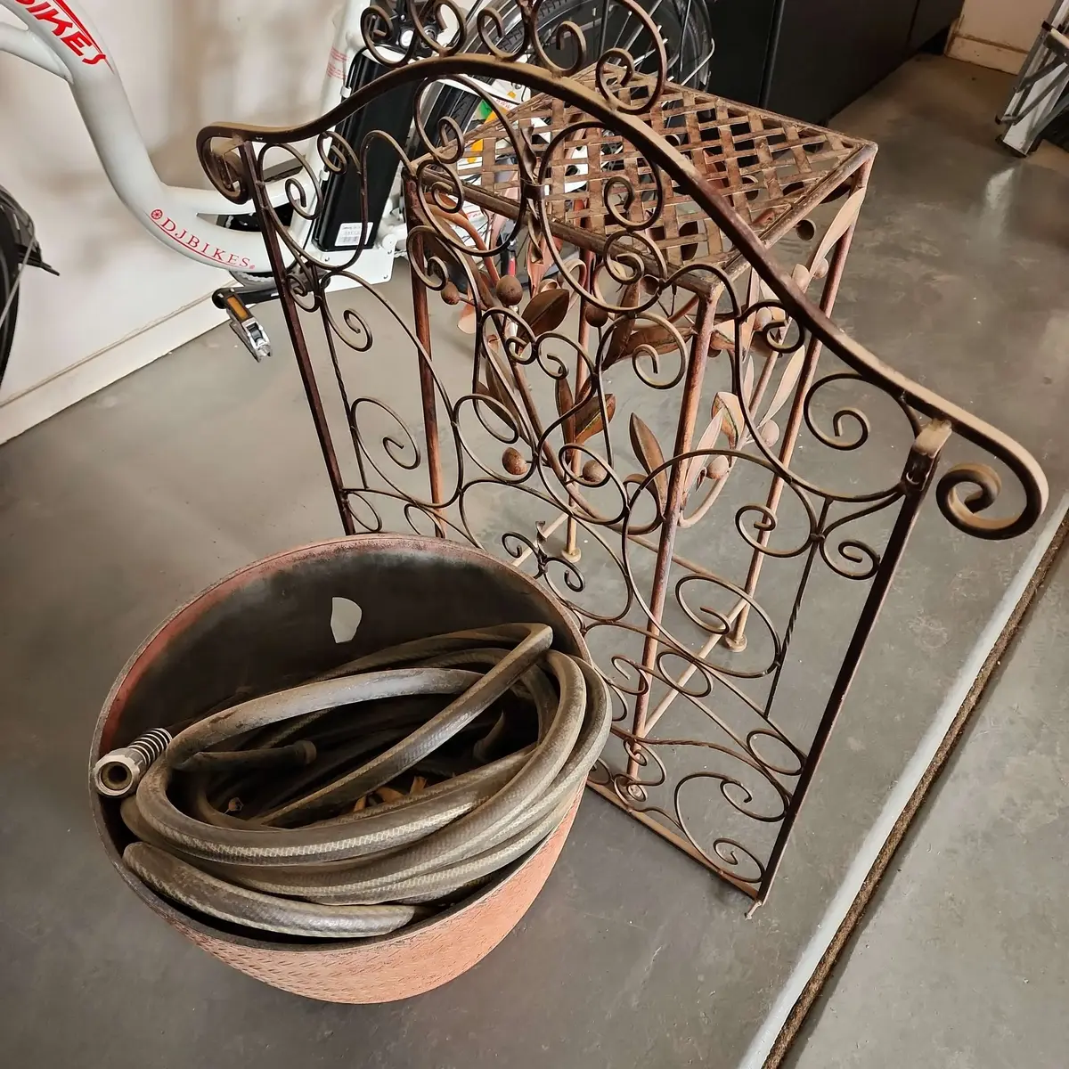 Outdoor Patio - Black Garden Hose, Planter, Metal Wall Art, Metal Planter Stand, 