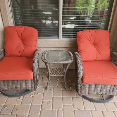 2 Brown Wicker Swivel Rocking Chairs With Terracotta Cushion And Matching Side Table Outdoor Patio 