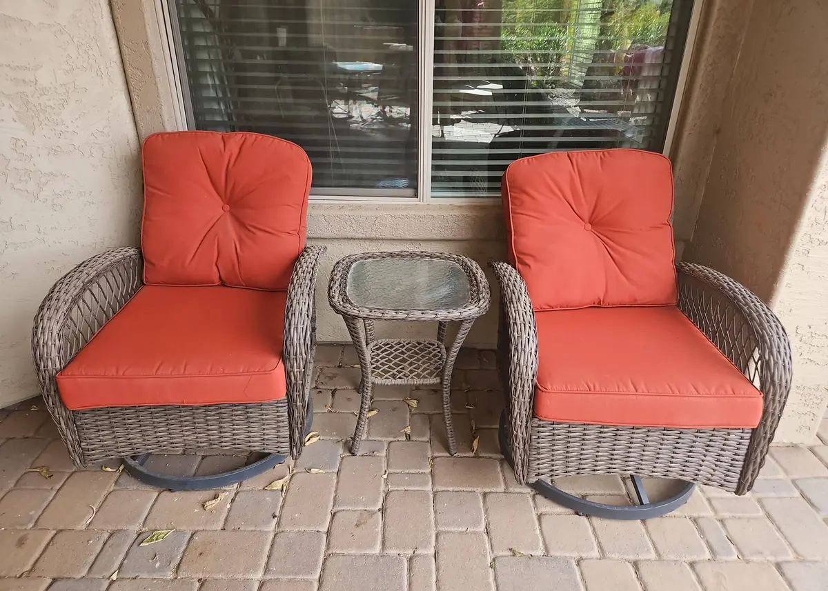 2 Brown Wicker Swivel Rocking Chairs With Terracotta Cushion And Matching Side Table Outdoor Patio 