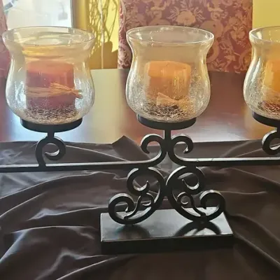 Black Iron Mantle Table Candle Holder With 5 Glass Covers Plus 1 Extra