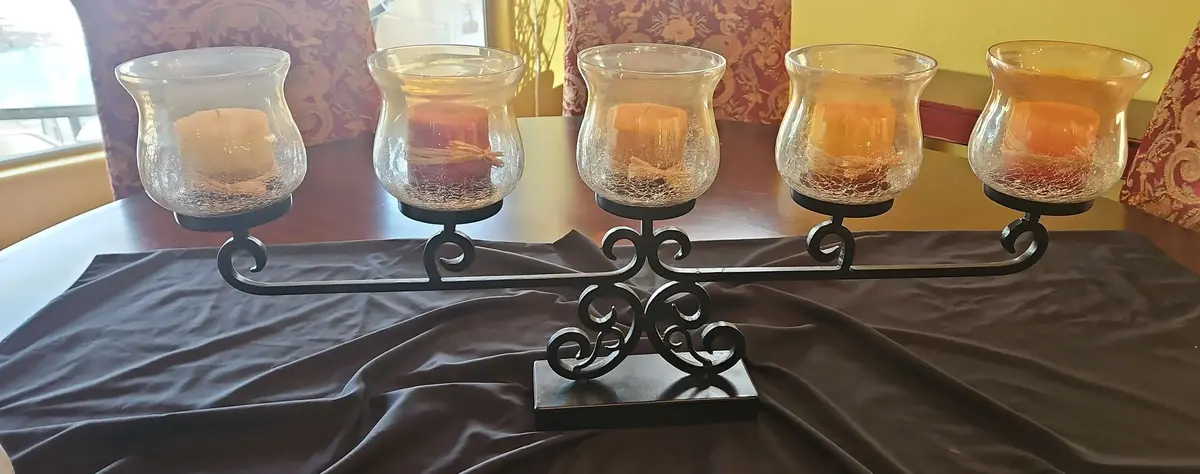 Black Iron Mantle Table Candle Holder With 5 Glass Covers Plus 1 Extra