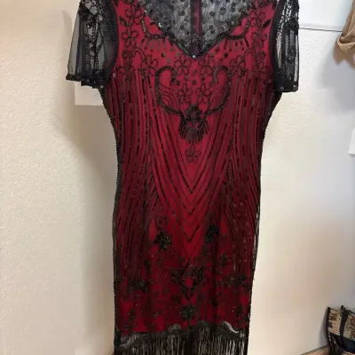 Red & Black Flapper Dress With Accessories - Size L, Sweetv, Beaded, Sequin, Fringe 